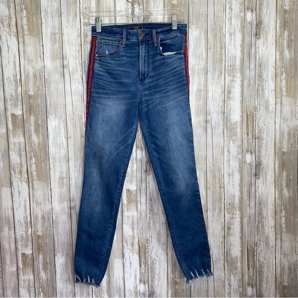 Abercrombie & Fitch Simone High Rise Ankle Jeans Side Stripe Red Blue Size 4 27 - Picture 2 of 8